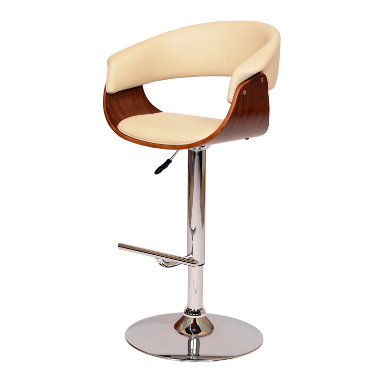 March Mid century Modern Adjustable Height Swivel Bar Stool in Faux Leather Chrome and Walnut Wood